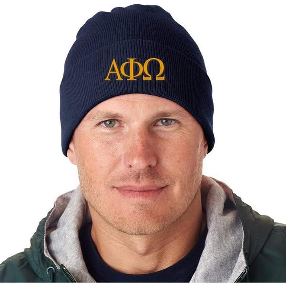 image:imageAlpha Phi Omega Greek Letter Knit CapNavy Blue WLight Gold Thread Color