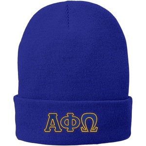 Alpha Phi Omega Big Greek Lettered Knit Cap Athletic Royal w/Royal Blue/Light Gold Thread Color