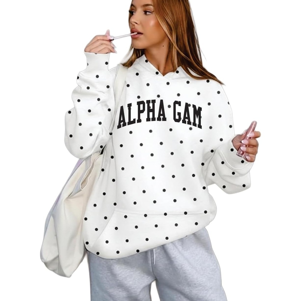 image:imageAlpha Gamma Delta Oversized Polka Dot Drop Shoulder Hoodie SweatshirtWhite